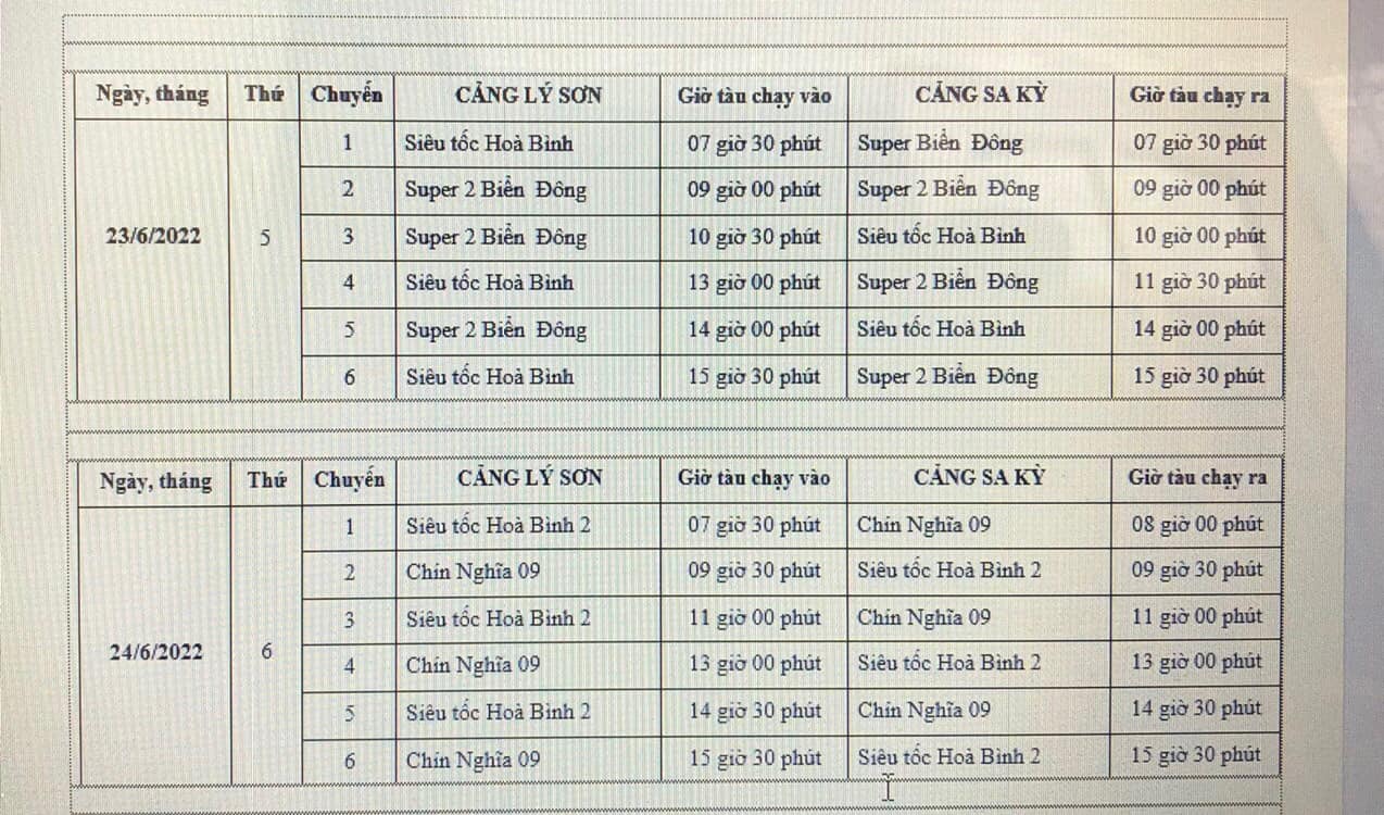 Lịch Tàu Siêu Tốc Tuyến Sa Kỳ - Đảo Lý Sơn từ 23-24/06/2022