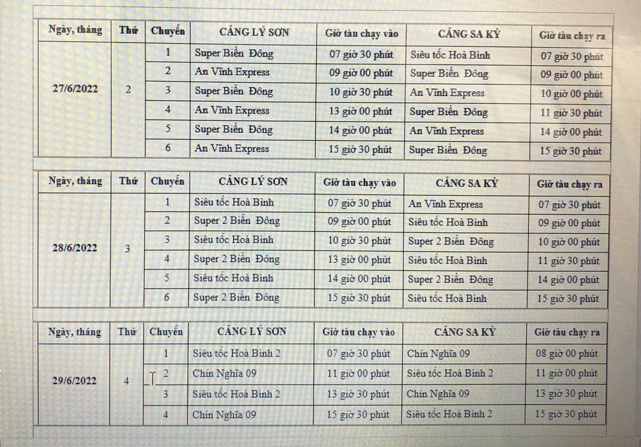 Lịch Tàu Siêu Tốc Tuyến Sa Kỳ - Đảo Lý Sơn từ 27-29/06/2022